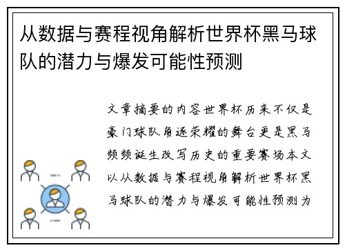 从数据与赛程视角解析世界杯黑马球队的潜力与爆发可能性预测