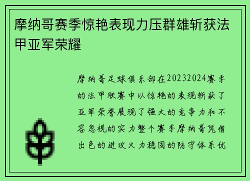 摩纳哥赛季惊艳表现力压群雄斩获法甲亚军荣耀