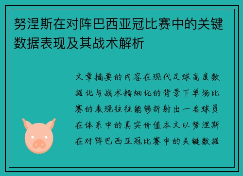 努涅斯在对阵巴西亚冠比赛中的关键数据表现及其战术解析