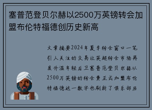 塞普范登贝尔赫以2500万英镑转会加盟布伦特福德创历史新高